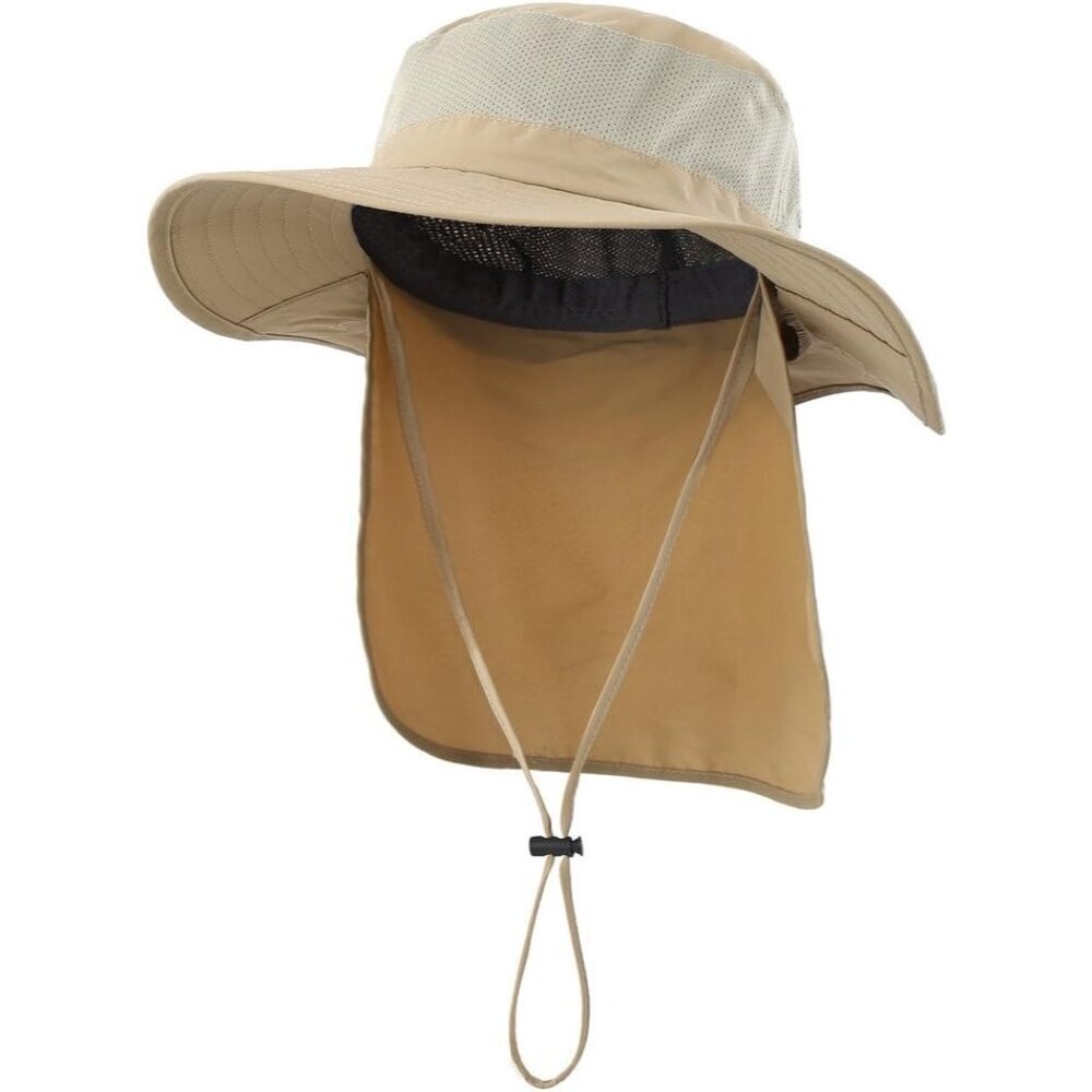 Unisex Khaki 100% Polyester Wide Brim Mesh Vent Neck Flap Adjustable Fishing Hat